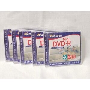 5 New Factory Seal Memorex 4X Camcorder PC 1.4 GB 30 Mini DVD-R Single Sided 8cm